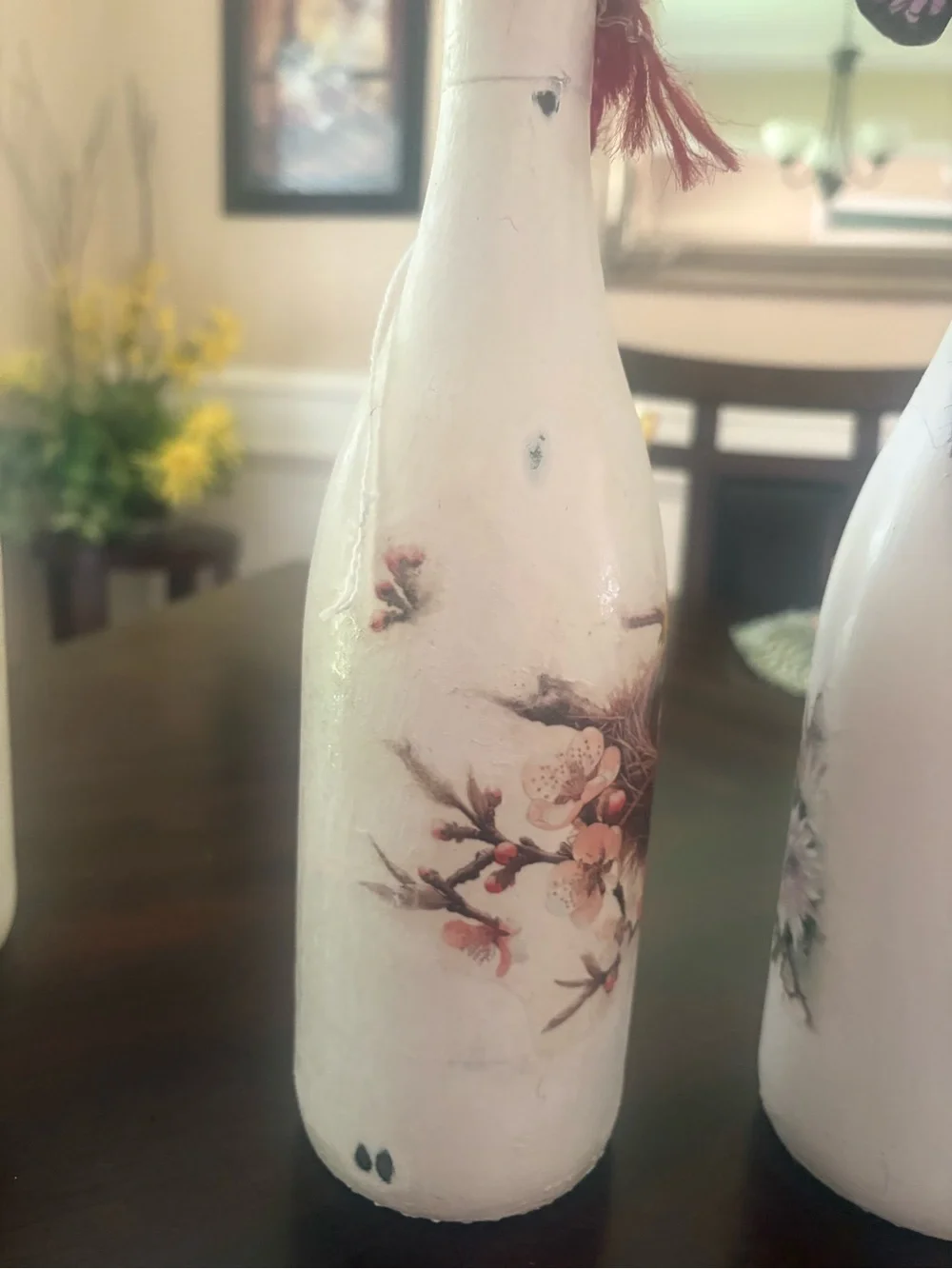 Handcrafted White/Cream Floral Decoupage Wine Bottle Accent - Decorative accent
